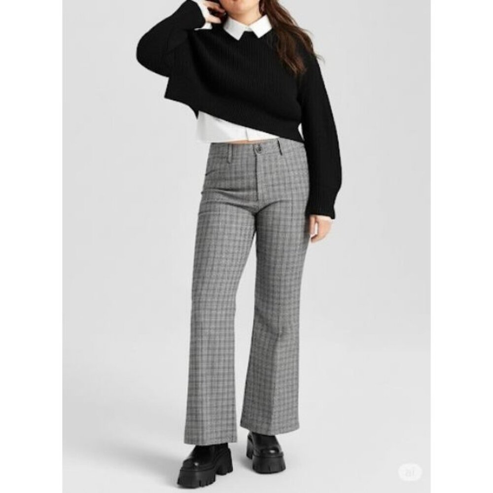Plaid Black & White High-Waisted Flare Pants With Belt Loops Retro 80's Size 28